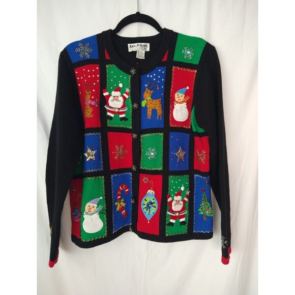 Jack B Quick Vintage Size L Christmas Colorful Black Button Up Cardigan Holiday - Picture 1 of 16